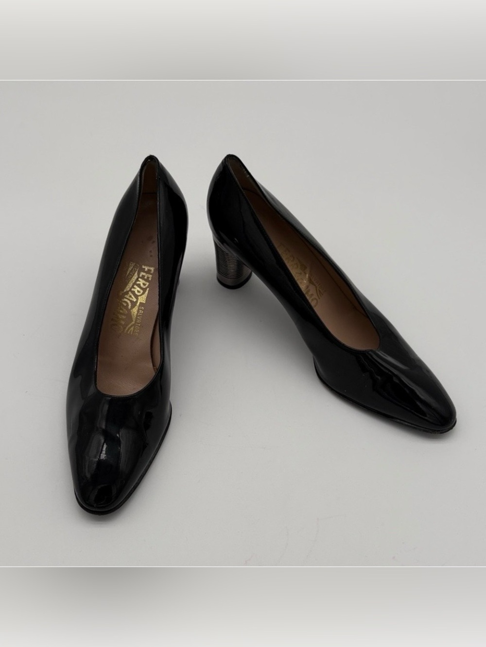 Salvatore Ferragamo Black Patent Leather Silver Heels Women Size 8b 2 3/4 inch
